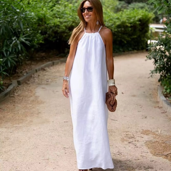 Boho White Halter Linen and Cotton Maxi Dress - Picture 2 of 4